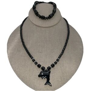 Hematite‎ Necklace Set Magnetic Dolphin And Bracelet Mirror Polish Dark Academia